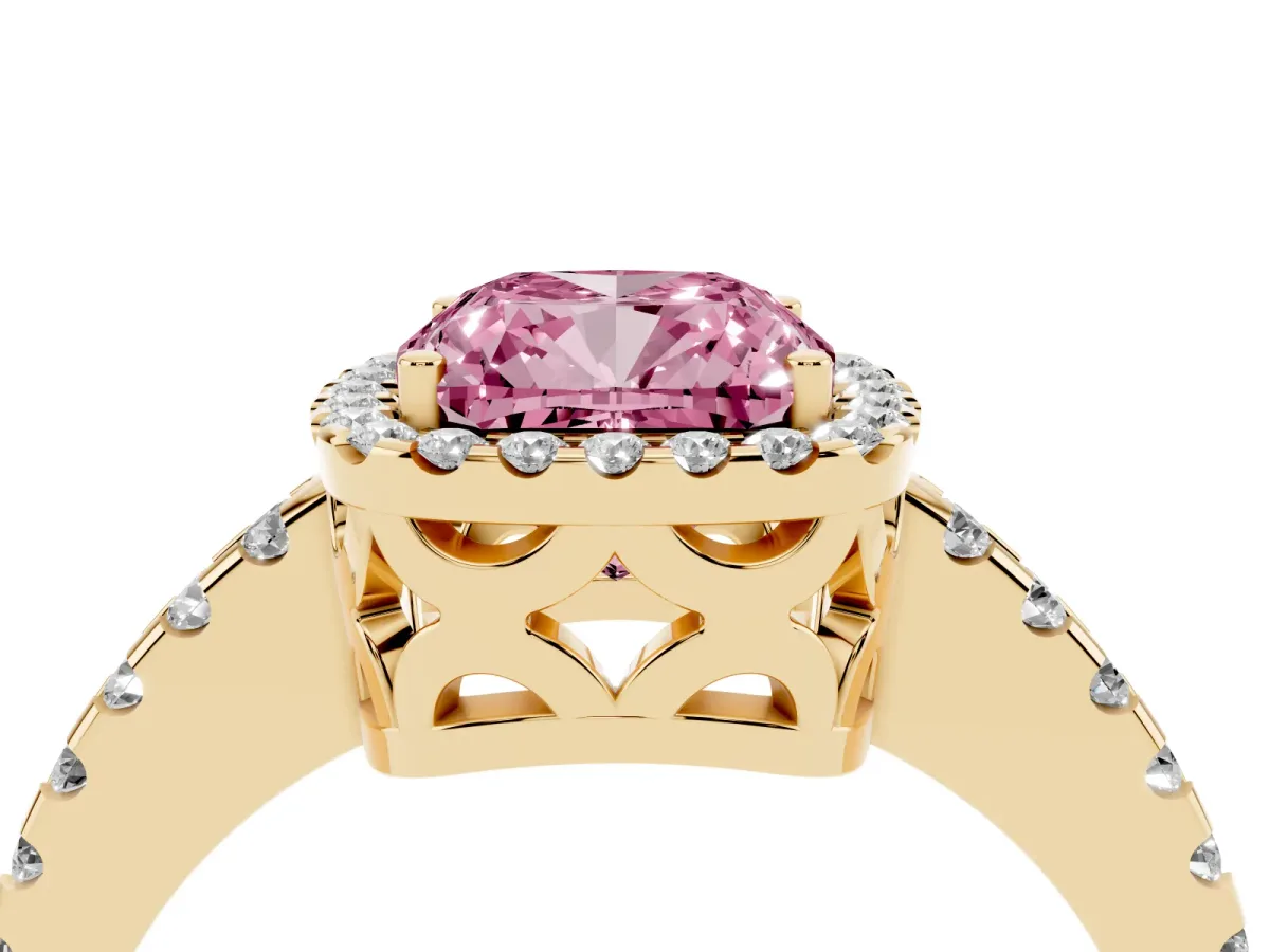 Fancy Pink Cushion Cut Diamond Halo Engagement Ring with Pavé Band and Prong Setting Yellow gold