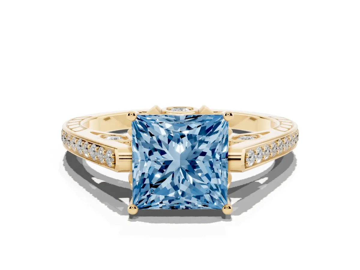 Fancy Blue Princess Cut Cut Cathedral Pave Diamond Engagement Ring with Six-Prong Setting Yellow gold