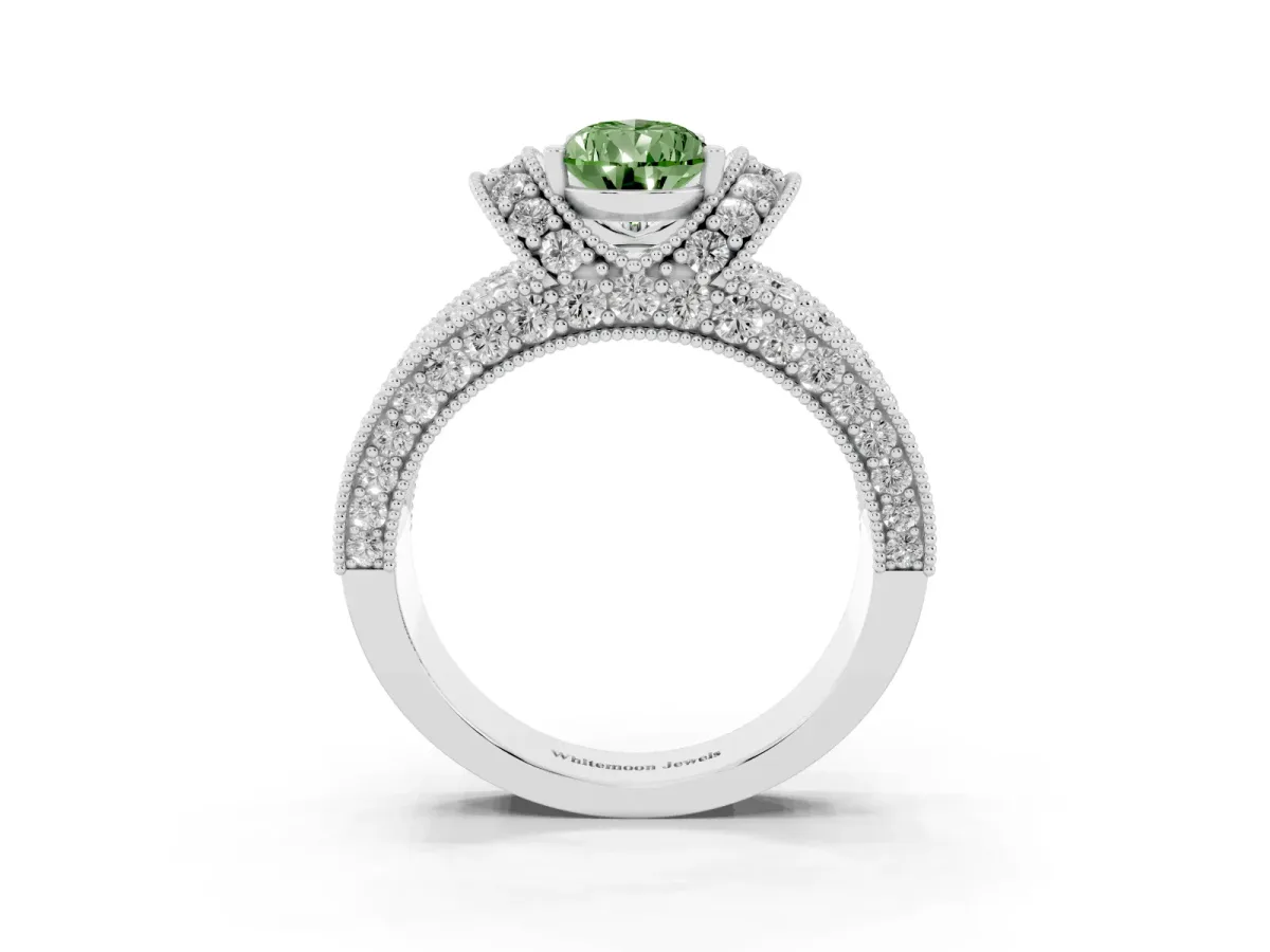 Fancy Green Pear Cut Halo Pave Diamond Engagement Ring with Milgrain Detailing Silver
