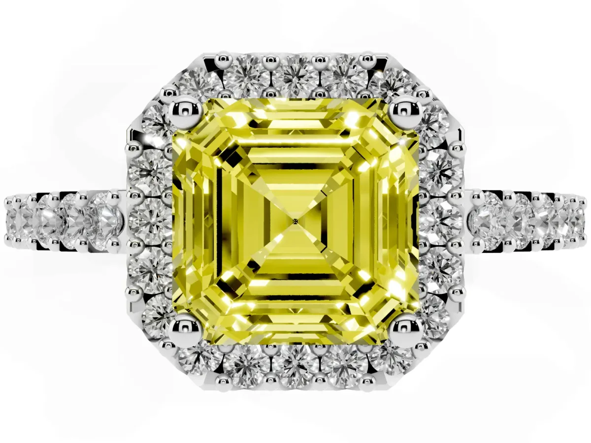 Fancy Yellow Asscher Cut Halo Diamond Pavé Solitaire Ring Platinum