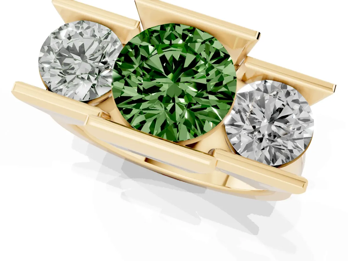 Fancy Green Three Stone Round Cut Cut Channel Set Diamond Ring Yellow gold