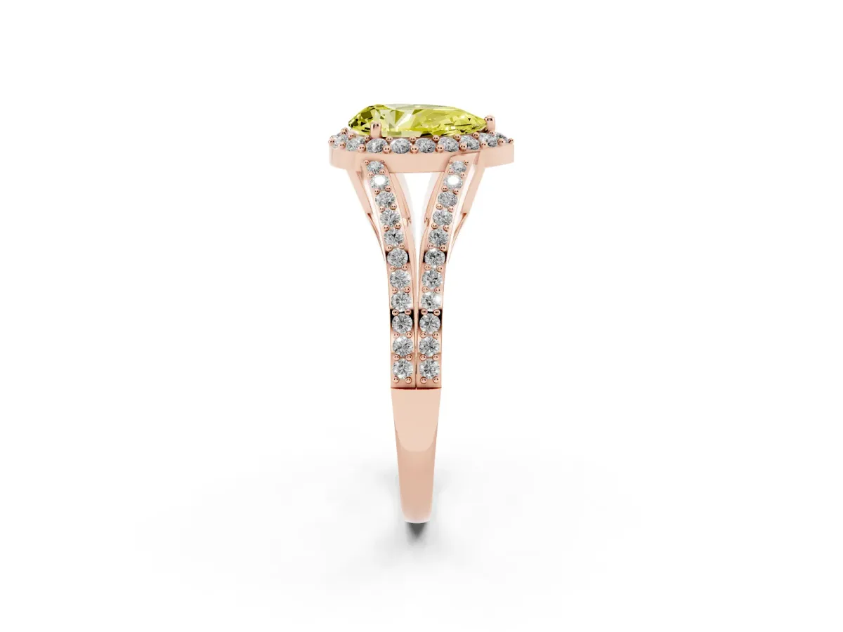Fancy Yellow Pear Cut Halo Split Shank Pave Diamond Ring with Four-Prong Setting Rose gold