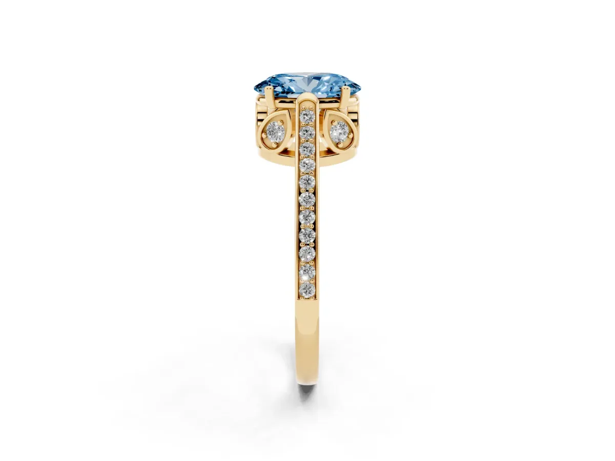Fancy Blue Oval Cut Cut Cathedral Pave Diamond Engagement Ring with Six-Prong Setting Yellow gold