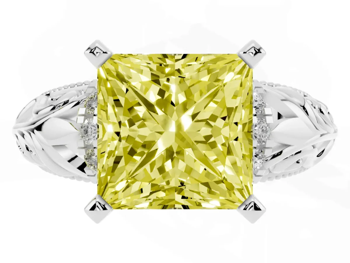 Fancy Yellow Princess Cut Solitaire Filigree Engagement Ring with Halo and Prong Setting White gold