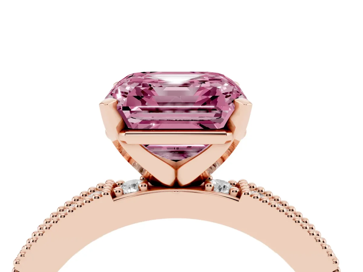 Fancy Pink Asscher Cut Solitaire with Pavé Band and Four-Prong Setting Rose gold
