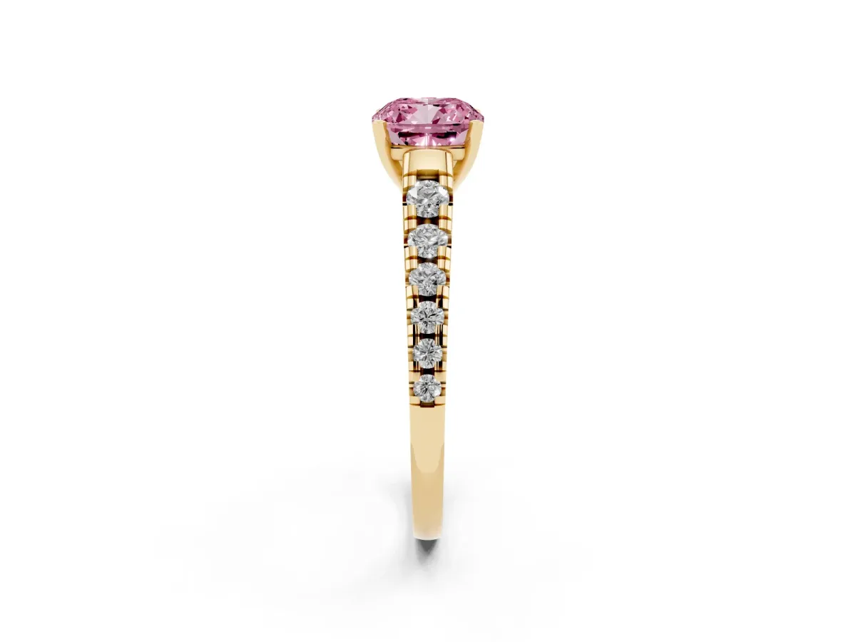 Fancy Pink Cushion Cut Diamond Cathedral Solitaire Ring with Round Pavé Band Yellow gold