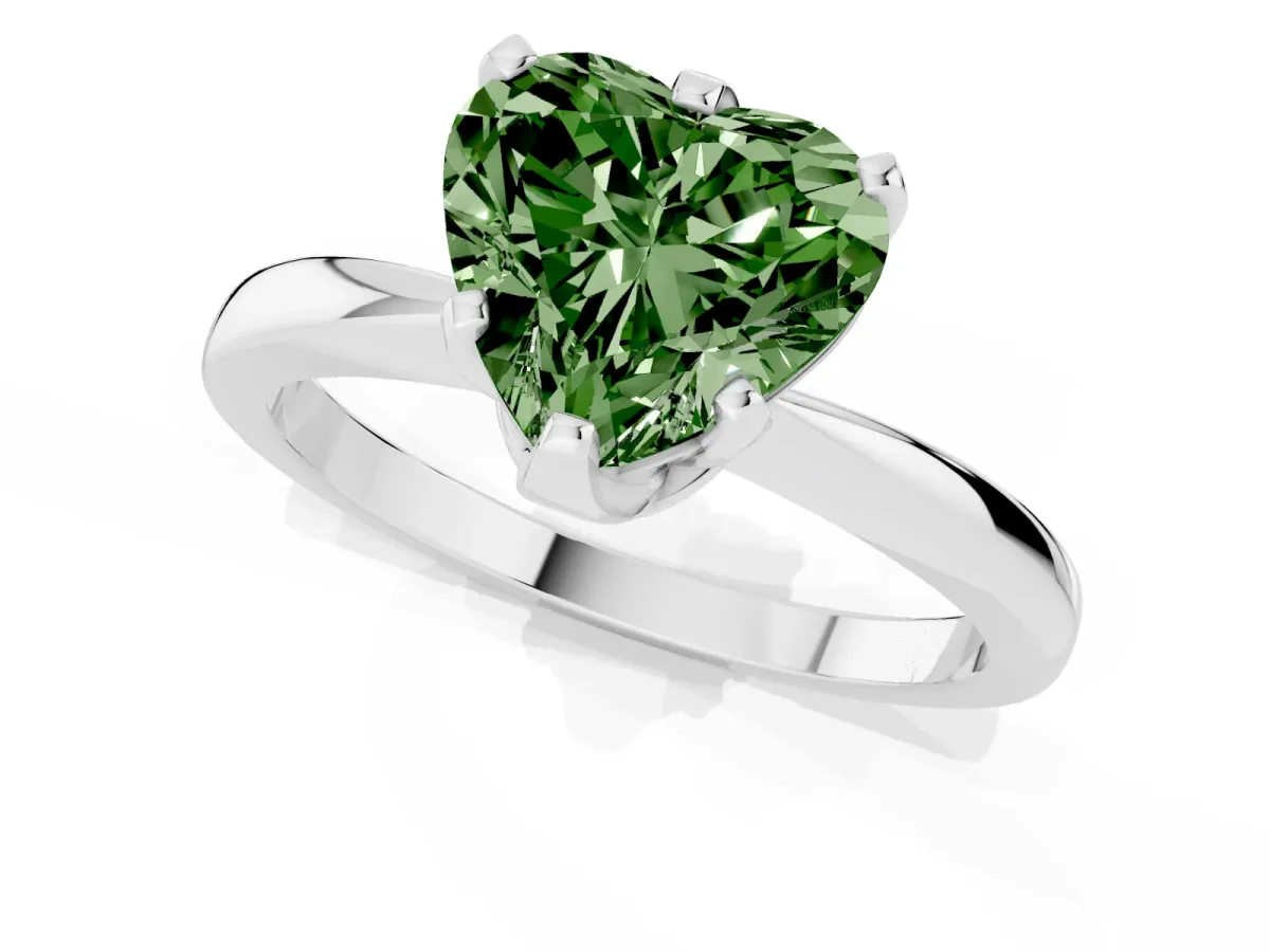 Fancy Green Heart Cut Solitaire Engagement Ring with Six-Prong Setting and Tapered Band Silver