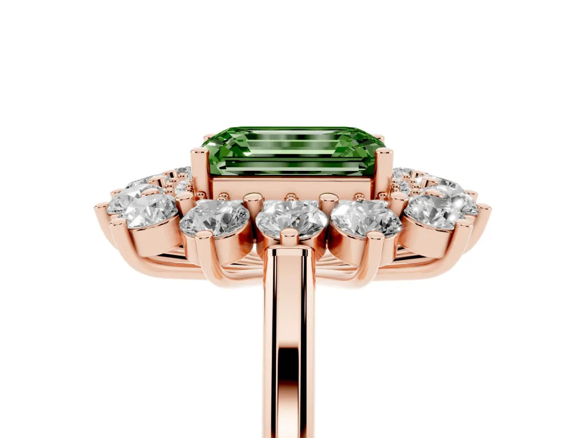 Fancy Green Emerald Cut Diamond Floral Double Halo Engagement Ring with Prong Setting Rose gold