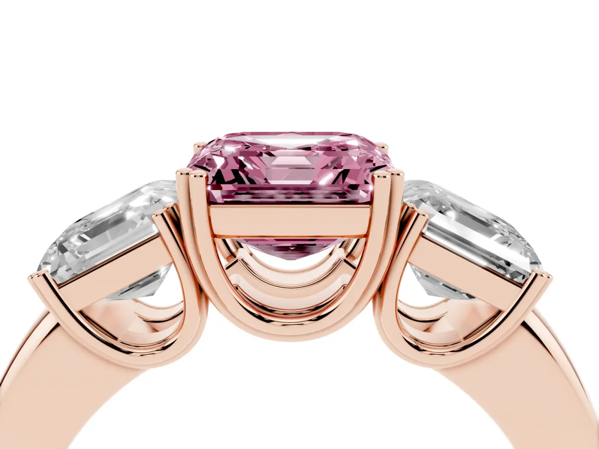 Fancy Pink Three-Stone Asscher Cut Cut Diamond Ring with Channel Set Band and Four-Prong Setting Rose gold