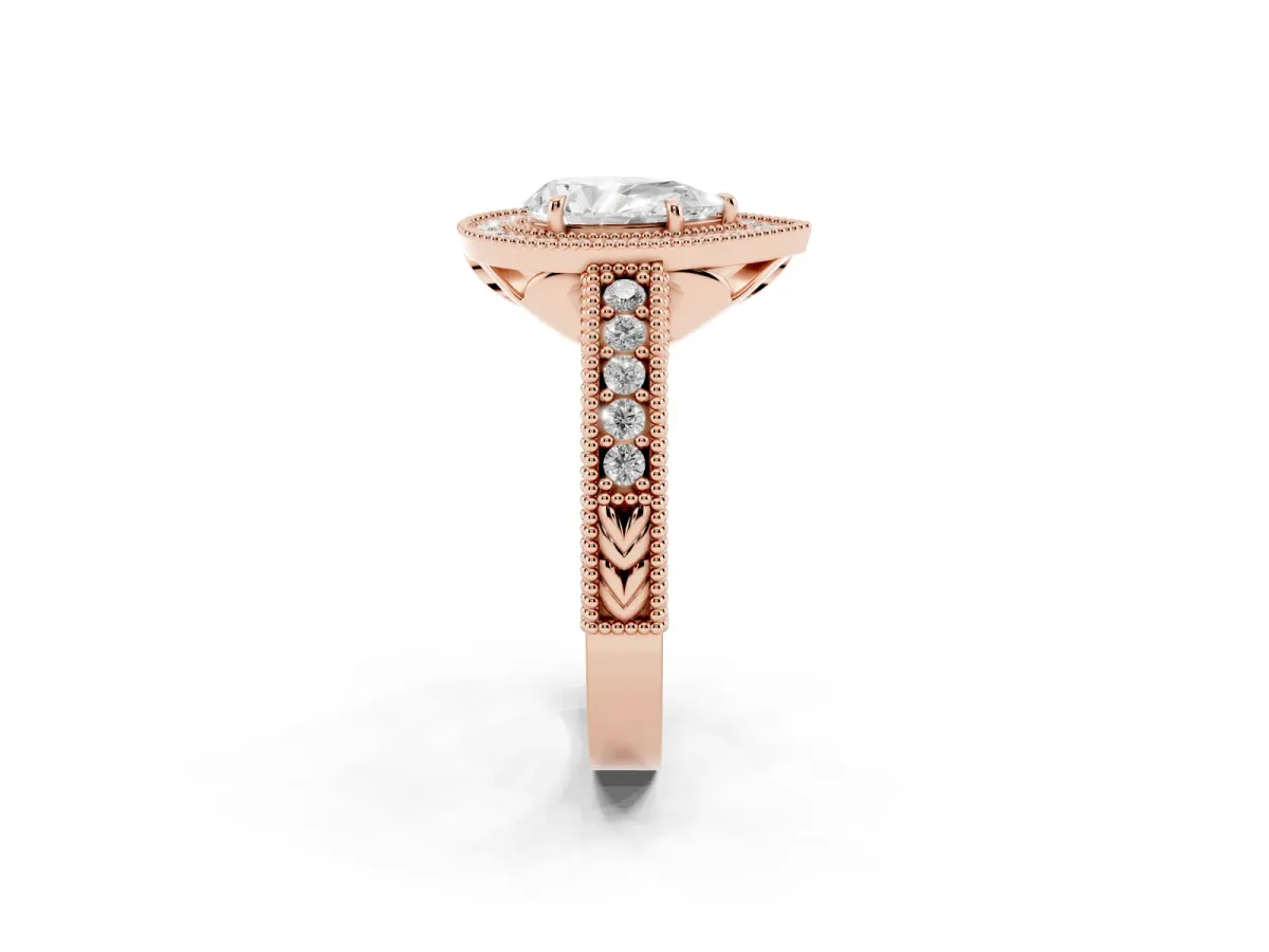 Pear Cut Cut Halo Diamond Ring with Pavé Band and Four-Prong Setting Rose gold