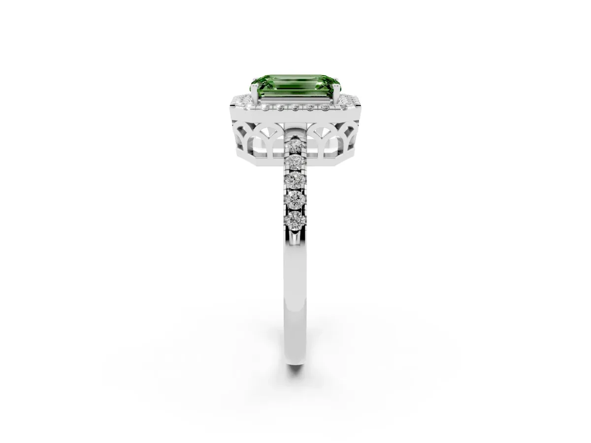 Fancy Green Emerald Cut Halo Diamond Engagement Ring with Pavé Band and Four-Prong Setting Silver