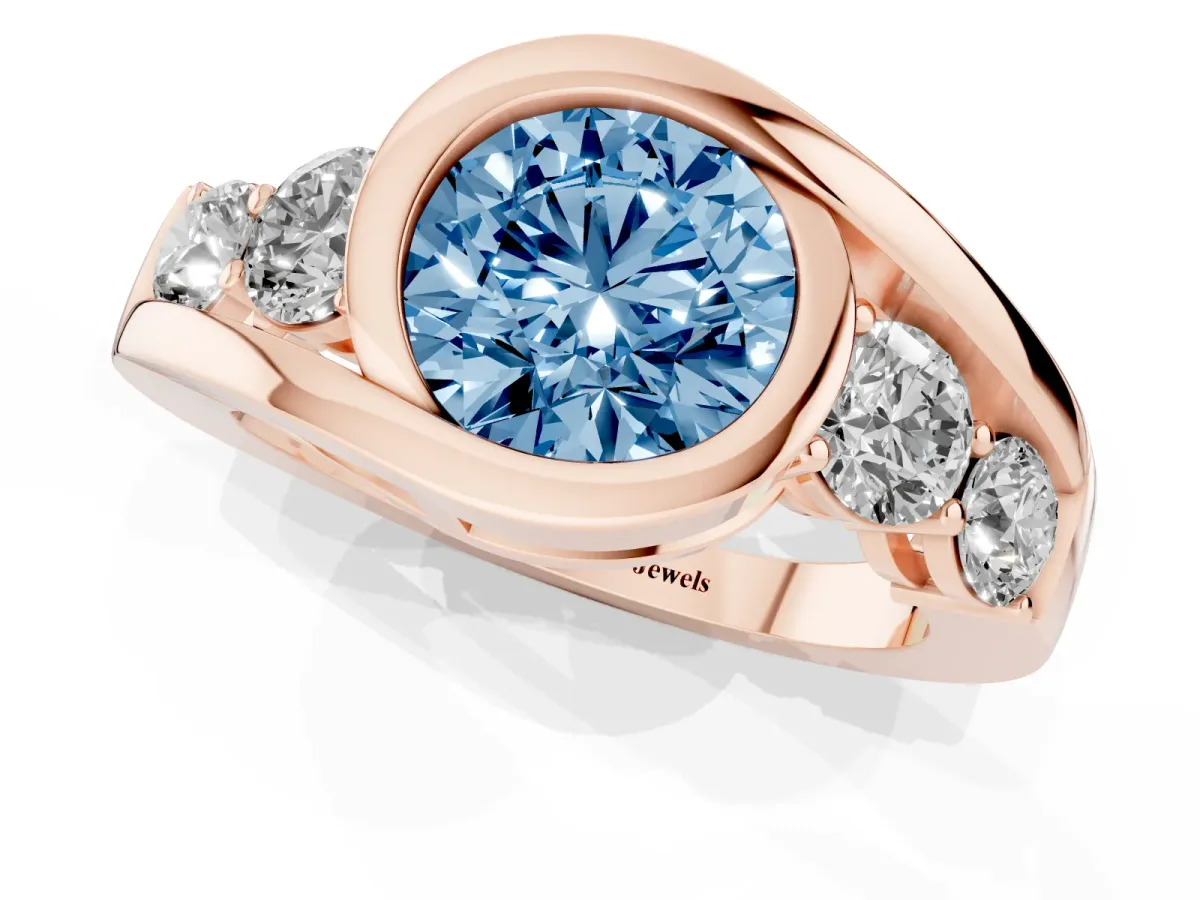 Fancy Blue Bezel Set Round Cut Diamond Bypass Ring with Round Accents Rose gold