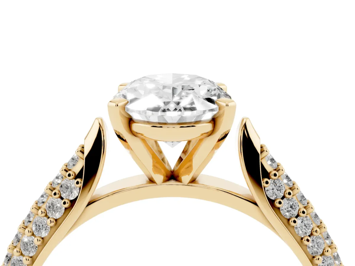 Oval Cut Diamond Solitaire Engagement Ring with Multi-Row Round Pavé Band and Prong Setting Yellow gold
