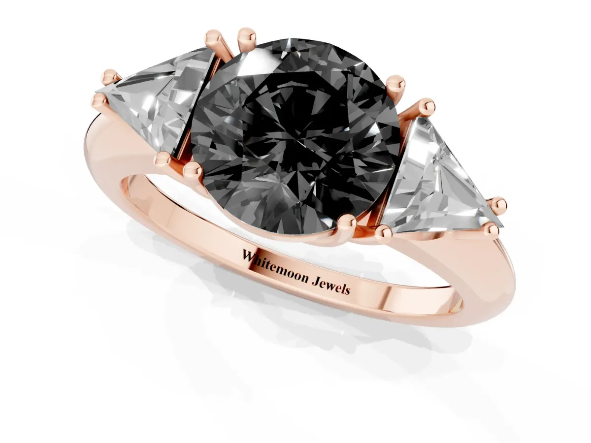 Fancy Black Three-Stone Round Cut Diamond Engagement Ring with Trillion Side Stones and Prong Setting Rose gold