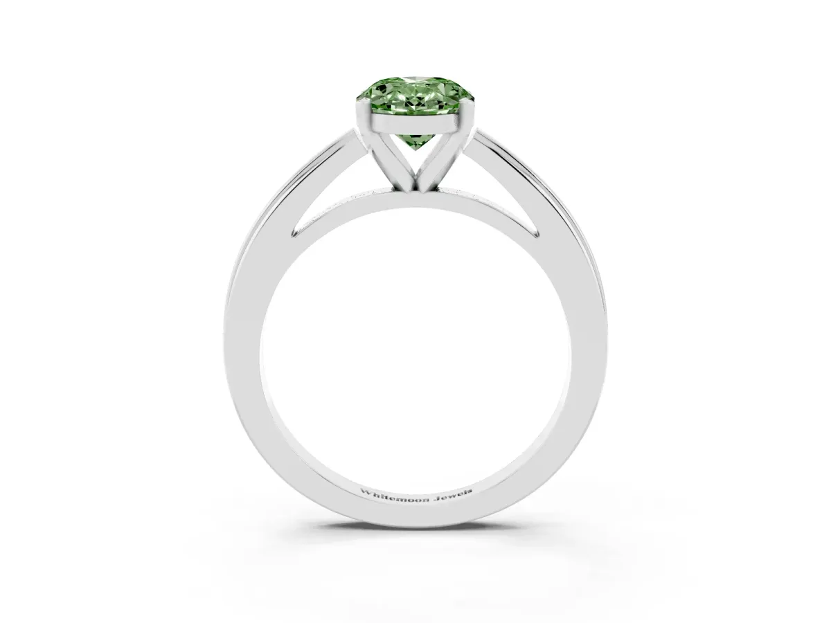 Fancy Green Oval Cut Solitaire Diamond Ring with Four-Prong Setting and Classic Band Silver