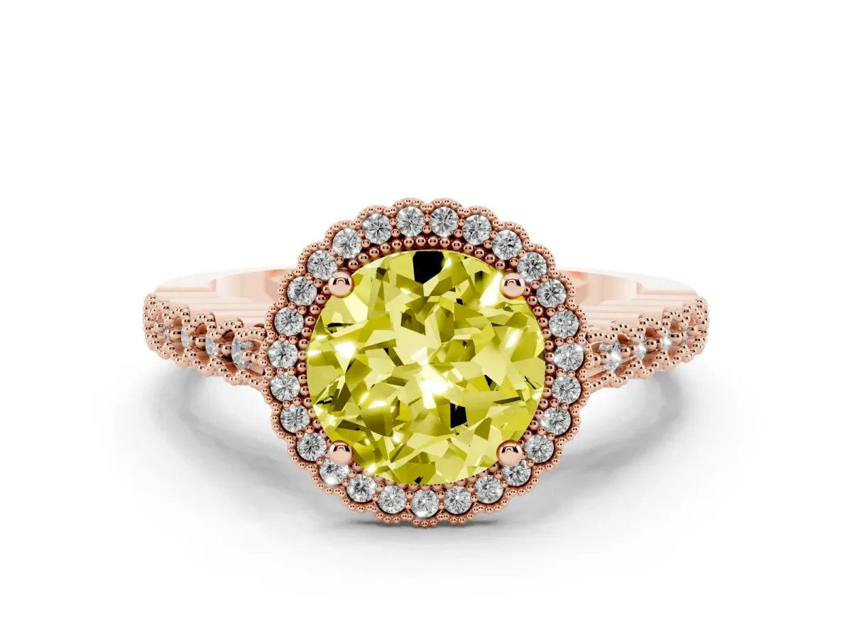 Fancy Yellow Round Cut Cut Halo Pavé Solitaire Ring with Milgrain Band Rose gold