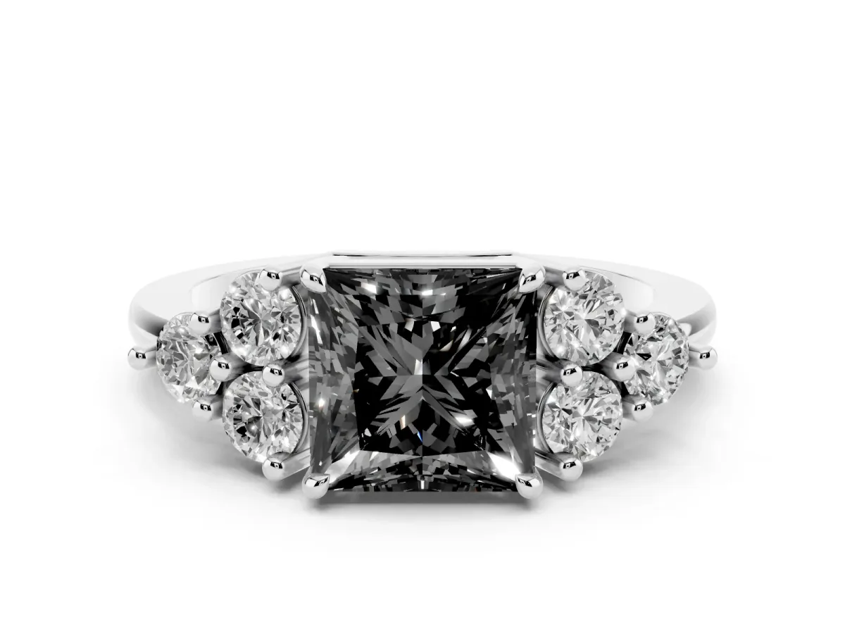 Fancy Black Princess Cut Brilliant Diamond Cluster Accent Solitaire Ring with Prong Setting Silver