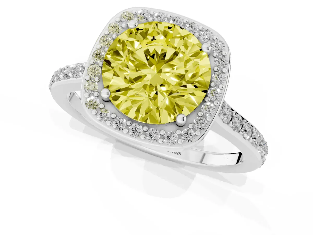 Fancy Yellow Round Cut Diamond Halo Engagement Ring with Round Pavé Shoulders and Prong Setting Platinum