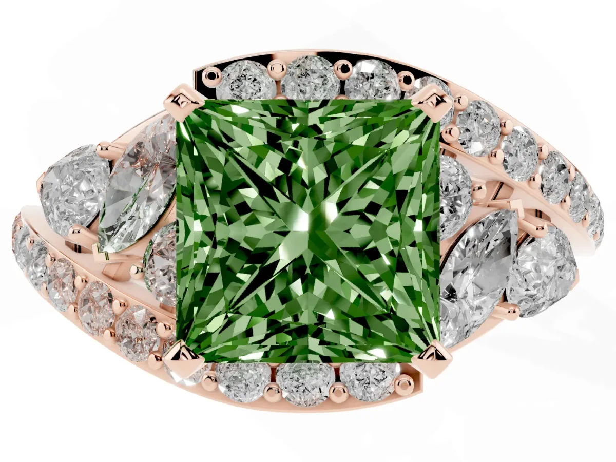 Fancy Green Princess Cut Diamond Halo Ring with Marquise and Pavé Band in Prong Setting Rose gold