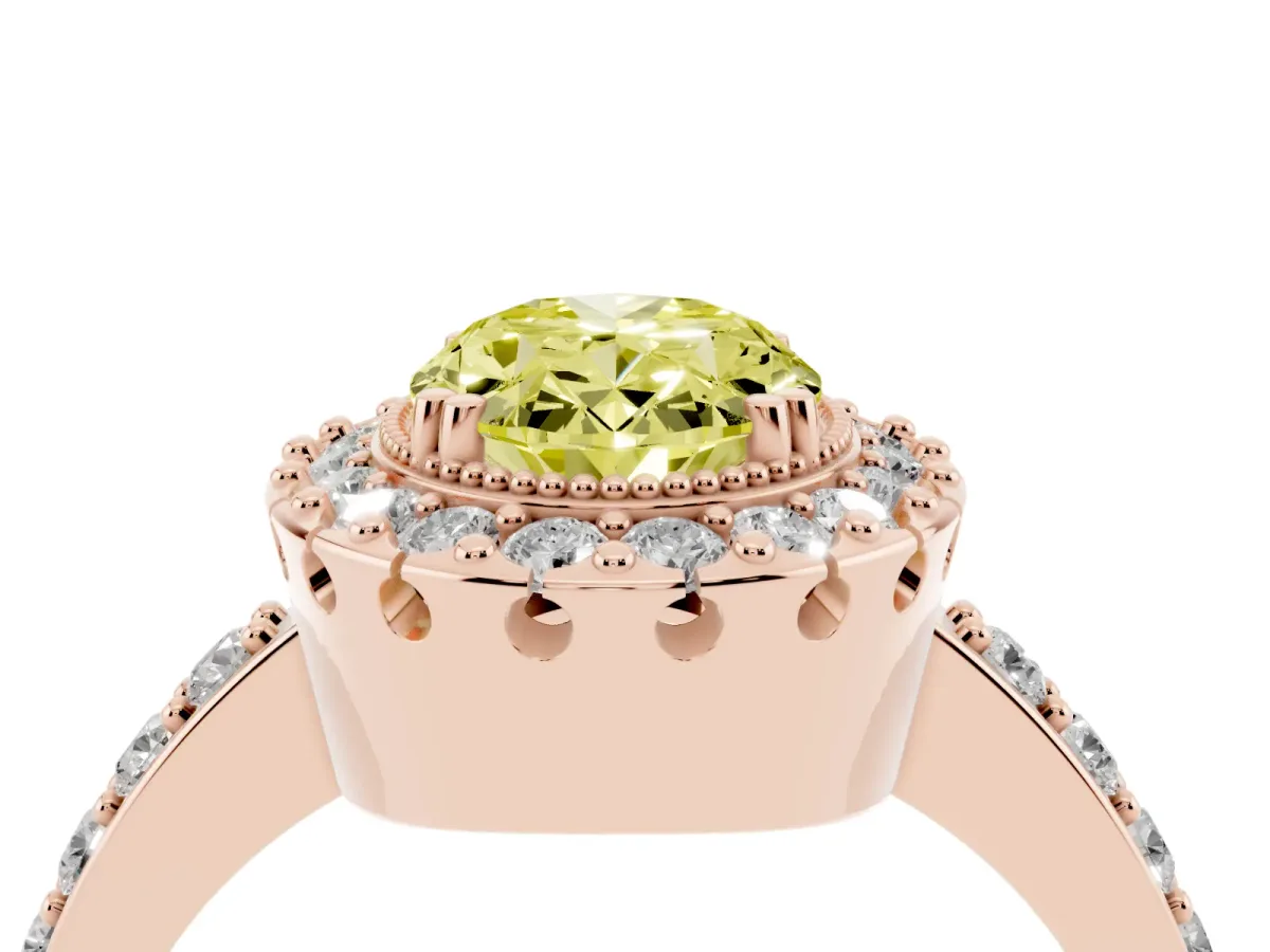 Fancy Yellow Oval Cut Diamond Halo Ring with Pavé Band and Prong Setting Rose gold