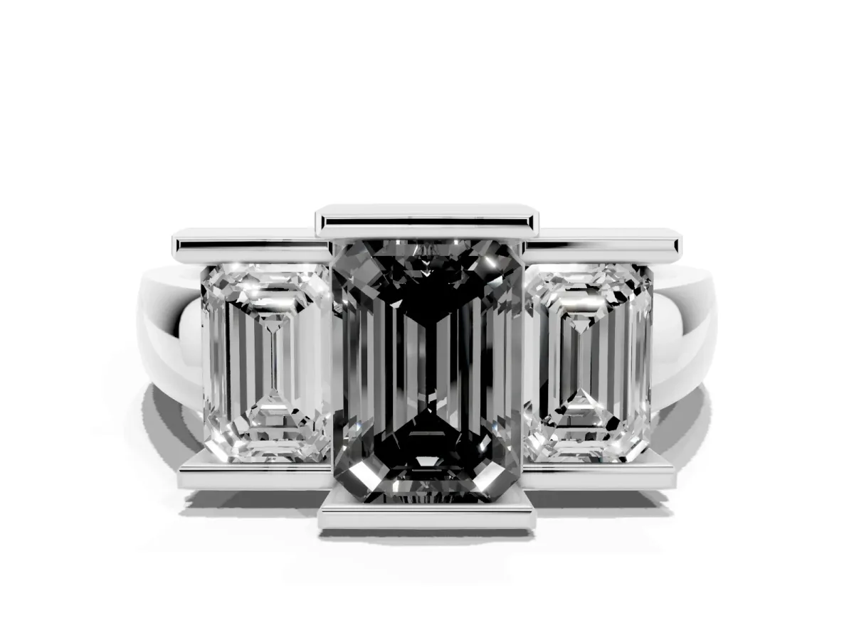 Fancy Black Three Stone Emerald Cut Cut Channel Set Diamond Ring Silver