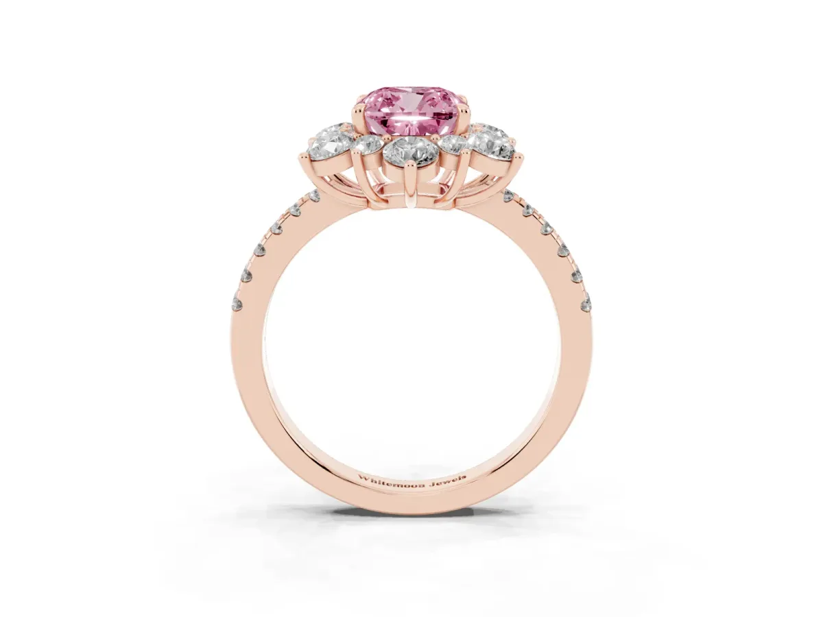 Fancy Pink Cushion Cut Diamond Floral Halo Ring with Round Pavé Band and Prong Setting Rose gold