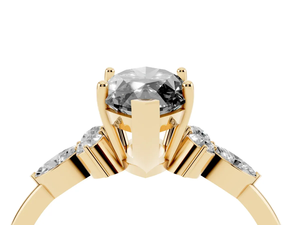 Fancy Black Marquise Cut Brilliant Diamond Solitaire Ring with Pear Side Stones and Four-Prong Setting Yellow gold