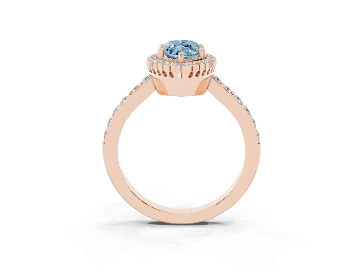 Fancy Blue Marquise Cut Cut Diamond Halo Engagement Ring with Milgrain Detail and Pavé Band Rose gold