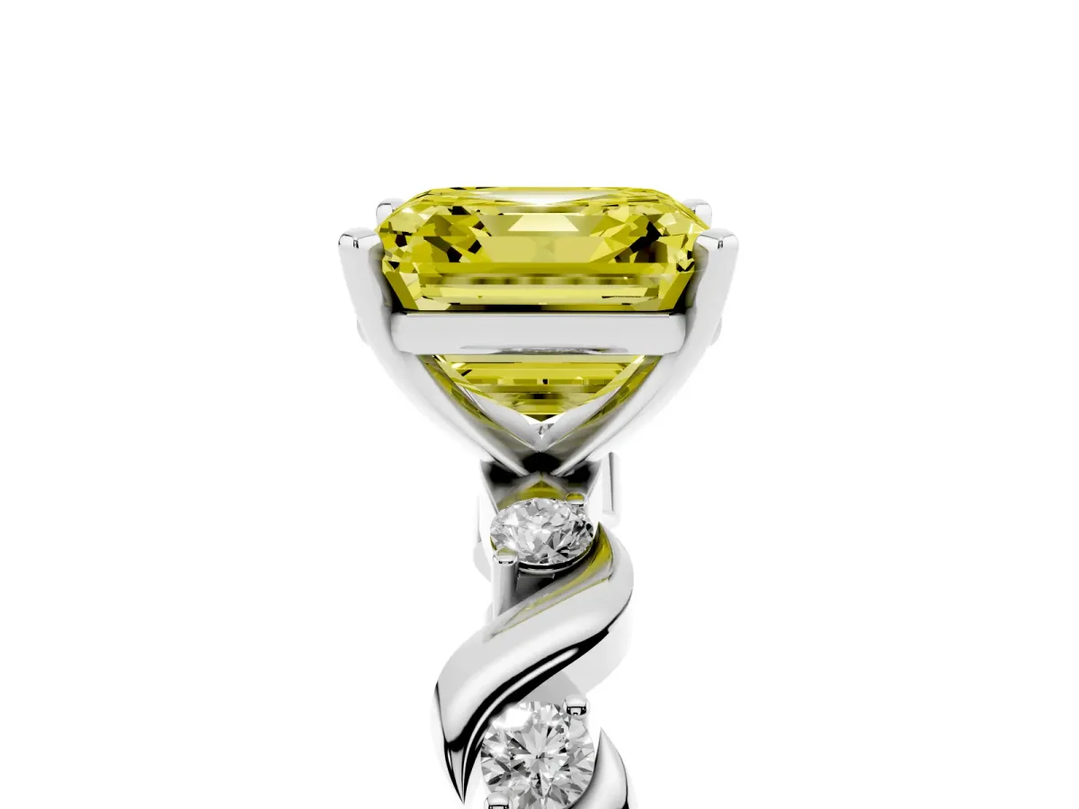 Fancy Yellow Asscher Cut Diamond Solitaire Twisted Band with Round Accents and Prong Setting Platinum