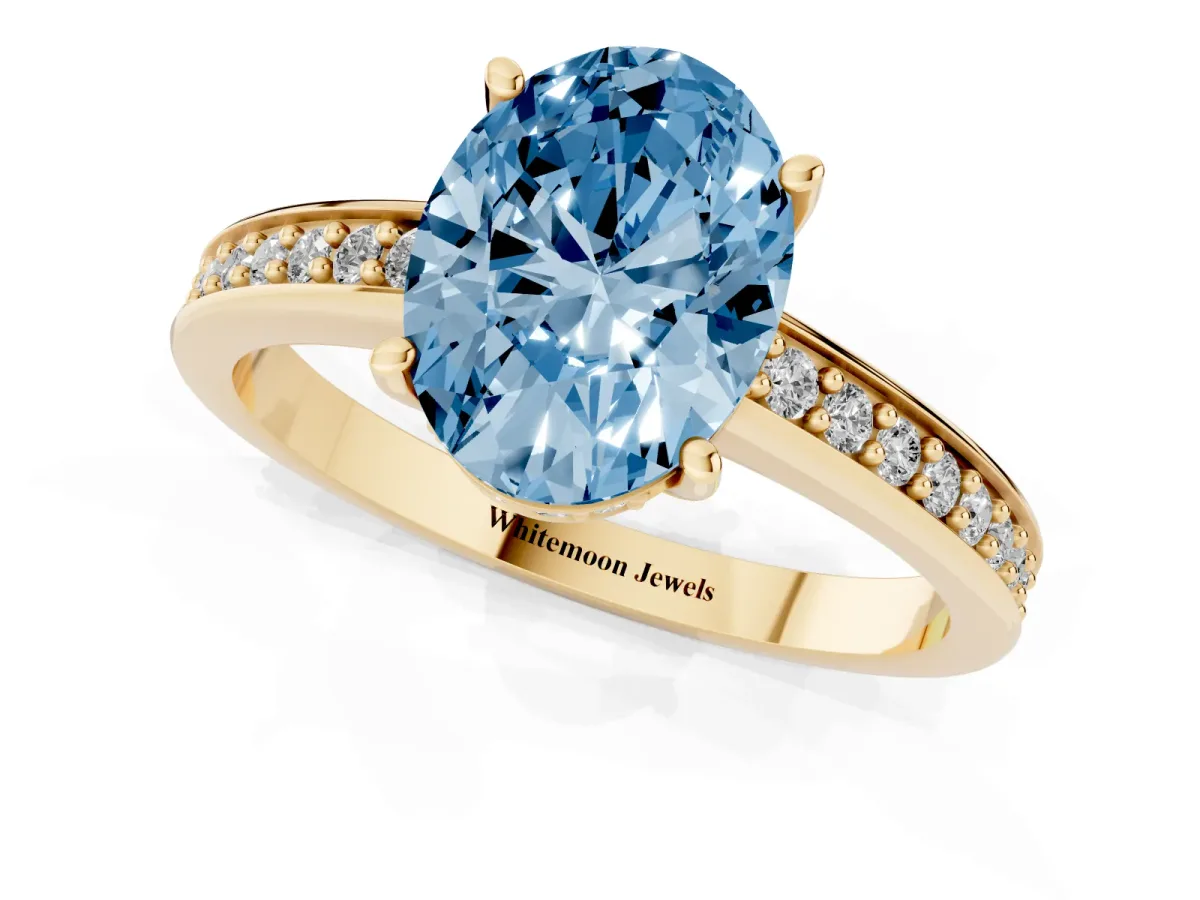 Fancy Blue Oval Cut Solitaire Pavé Band Prong Setting Ring Yellow gold