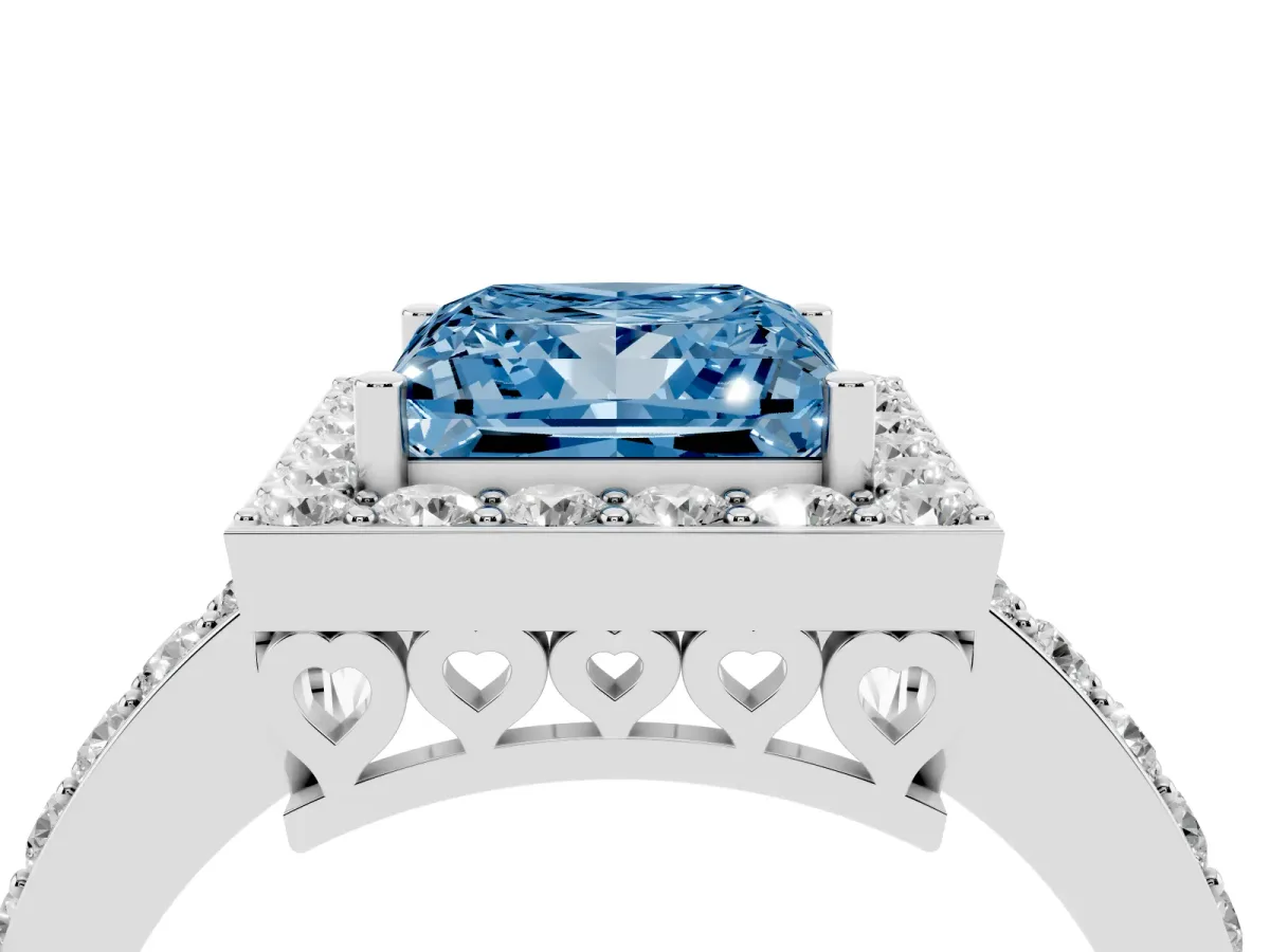 Fancy Blue Princess Cut Halo Diamond Pavé Band Ring with Prong Setting Silver