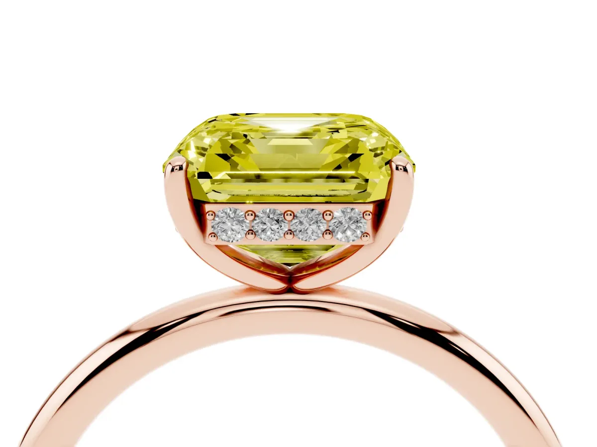 Fancy Yellow Asscher Cut Solitaire Diamond Ring with a Classic Band and Four-Prong Setting Rose gold