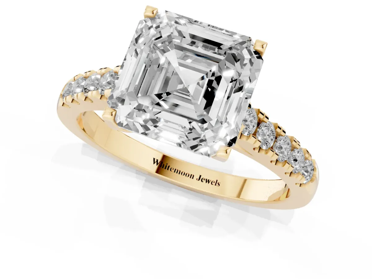 Asscher Cut Diamond Pavé Band Solitaire Ring with Prong Setting Yellow gold