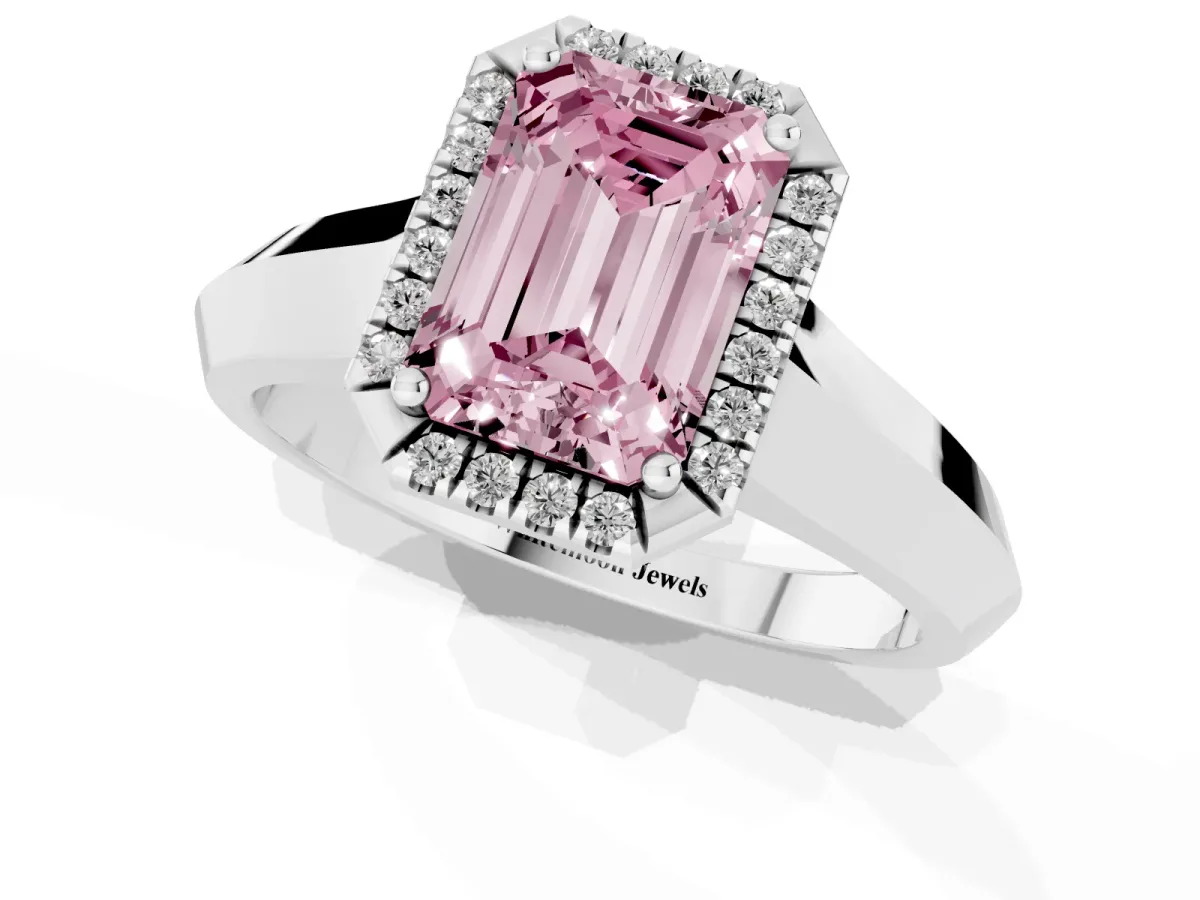 Fancy Pink Emerald Cut Halo Diamond Ring with Cathedral Band and Four-Prong Setting Silver