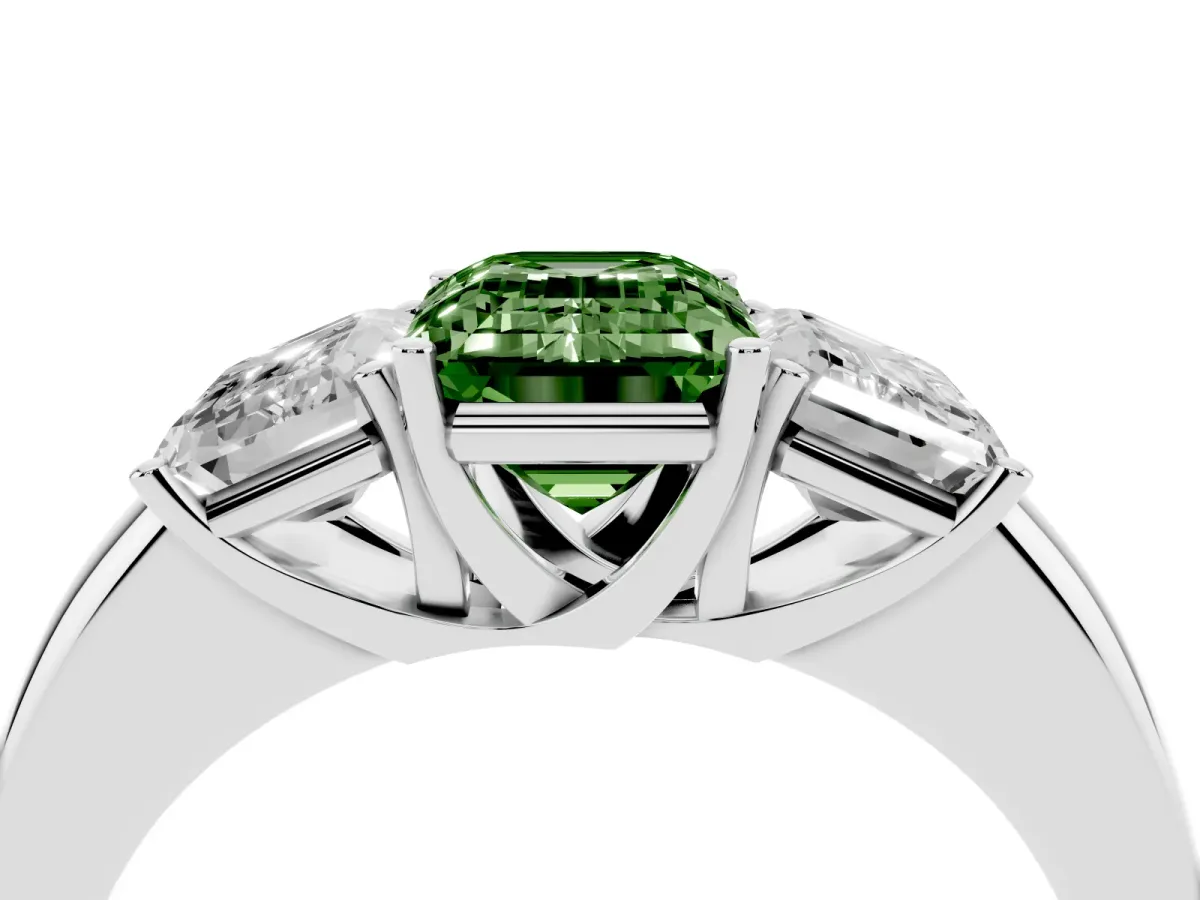 Fancy Green Emerald Cut Diamond Three-Stone Ring with Four-Prong Setting and Classic Band Silver