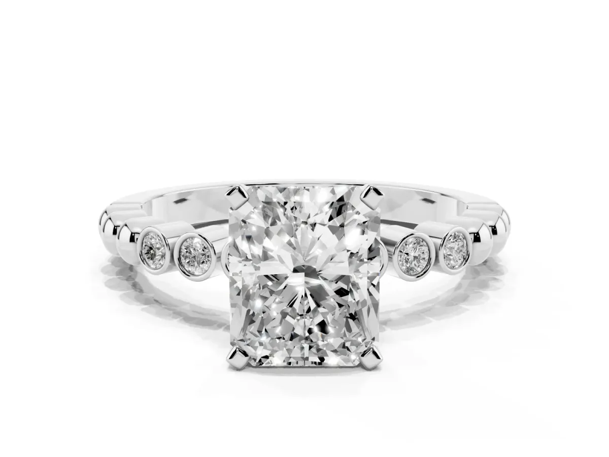 Radiant Cut Solitaire Bezel Accent Diamond Engagement Ring with Beaded Band and Four-Prong Setting Silver