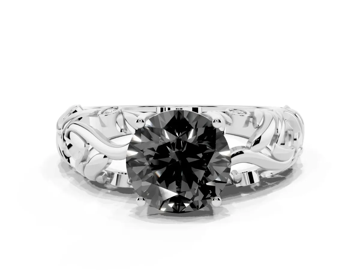 Fancy Black Round Cut Solitaire Diamond Leaf-Inspired Vine Band Ring with Prong Setting Platinum