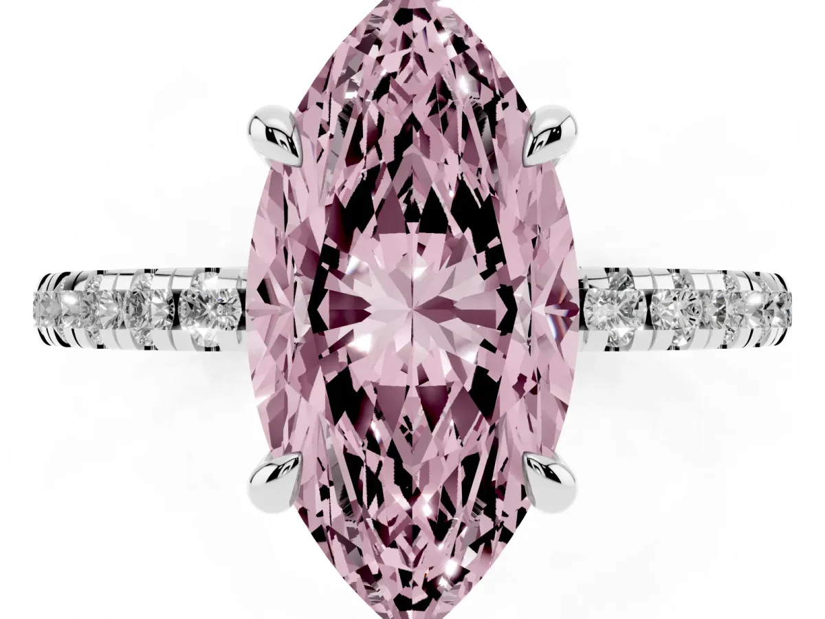 Fancy Pink Marquise Cut Diamond Brilliant Solitaire Ring with Pavé Band and Four-Prong Setting Platinum