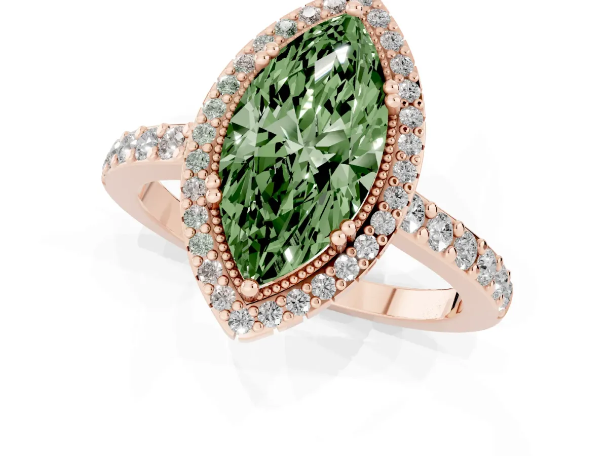 Fancy Green Marquise Cut Cut Diamond Halo Engagement Ring with Milgrain Detail and Pavé Band Rose gold
