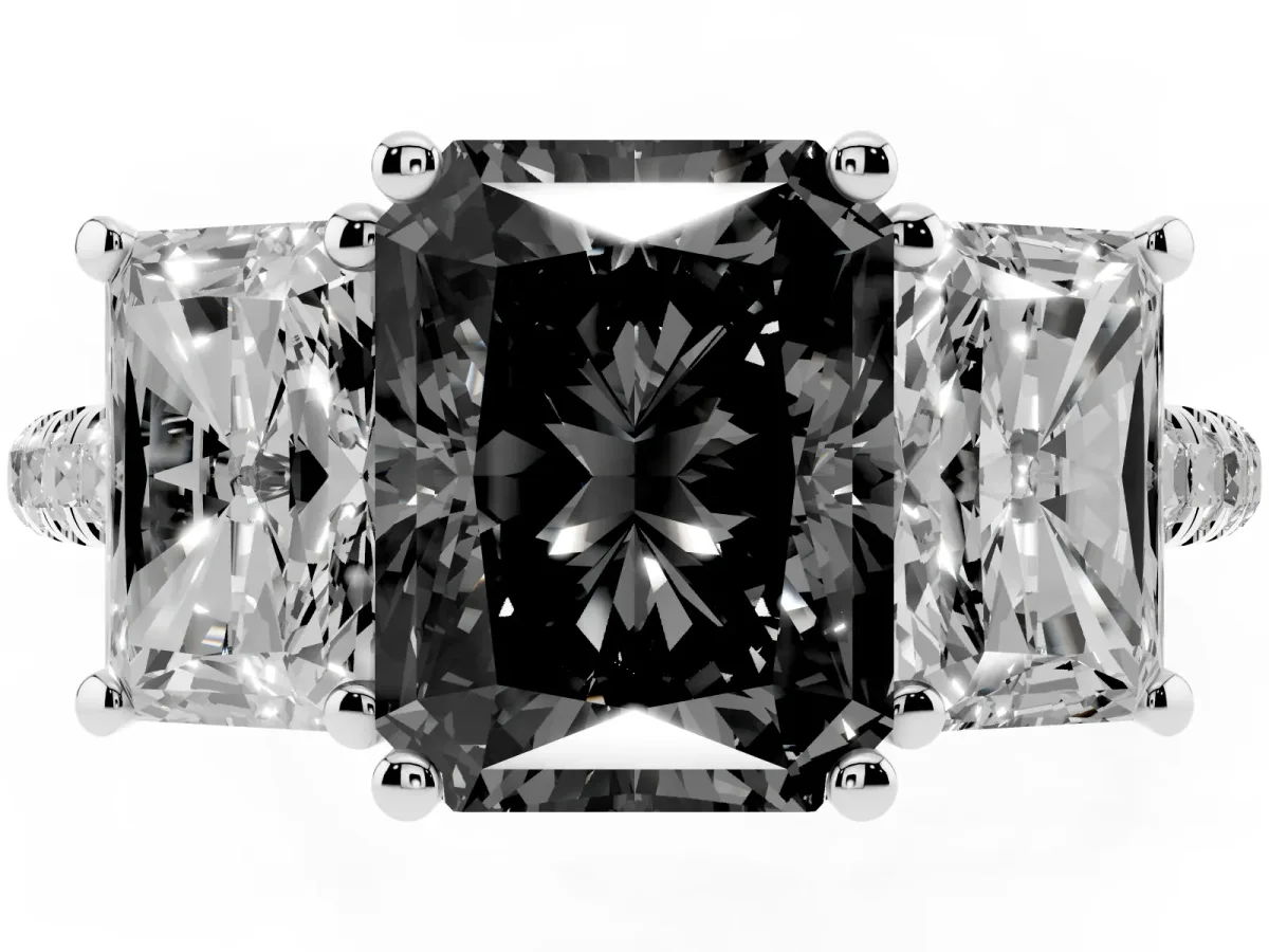 Fancy Black Three-Stone Radiant Cut Diamond Ring with Round Pavé Band and Prong Setting Silver
