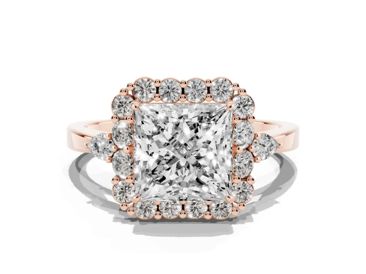 Princess Cut Diamond Halo Ring with Pear Side Stones and Prong Setting Rose gold