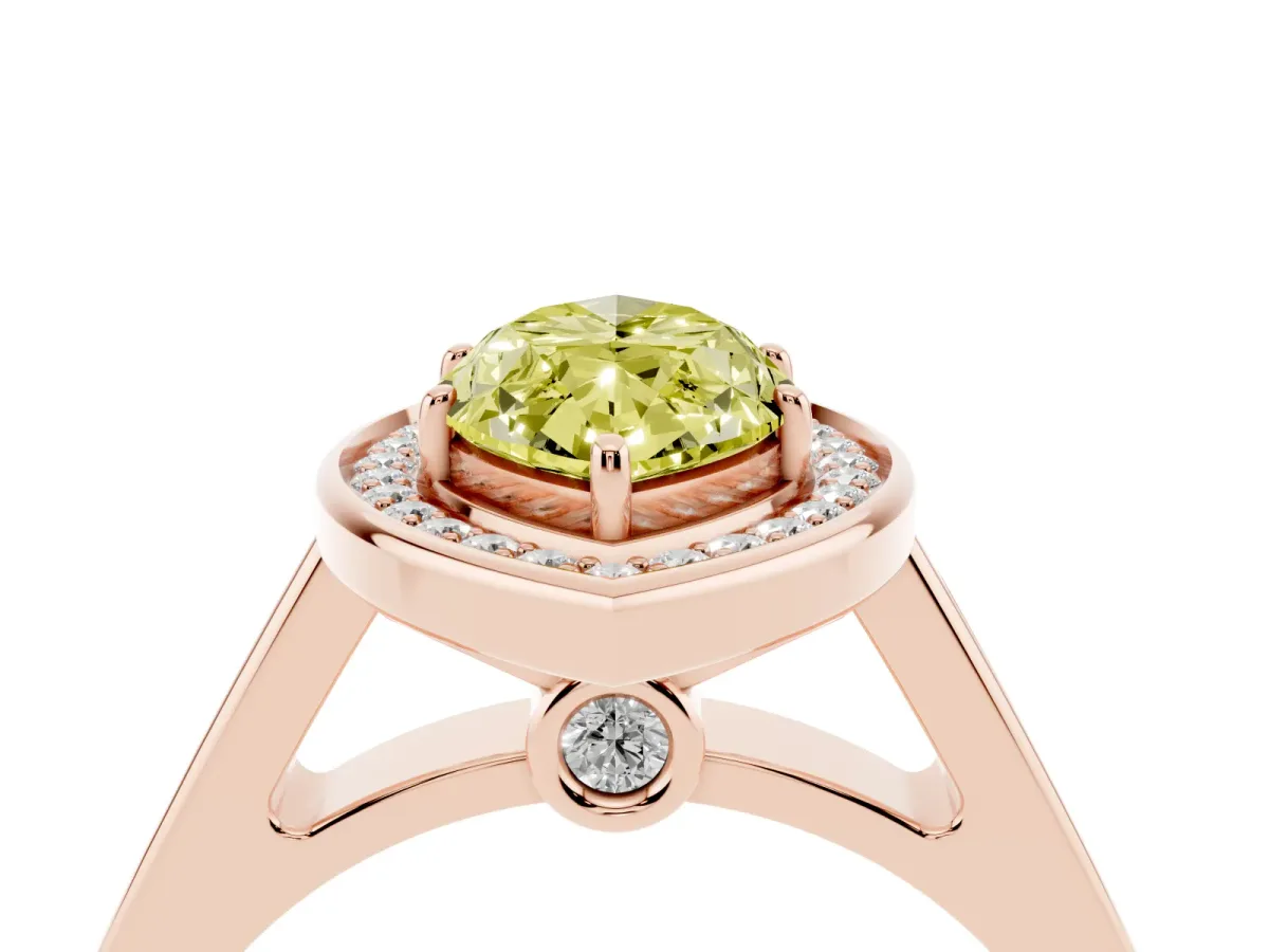 Fancy Yellow Marquise Cut Halo Solitaire Diamond Ring with Pave Band and Bezel Setting Rose gold