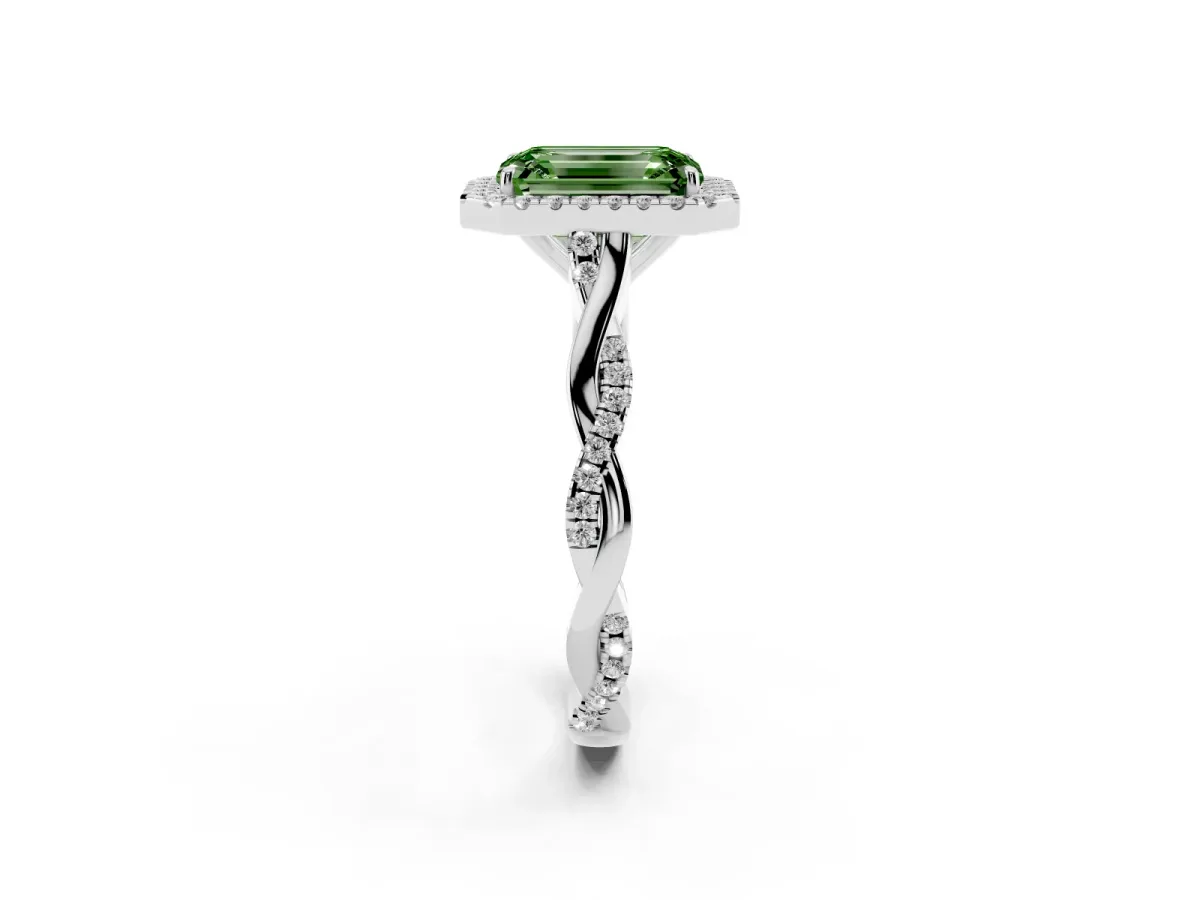Fancy Green Emerald Cut Halo Twist Band Solitaire Ring Silver
