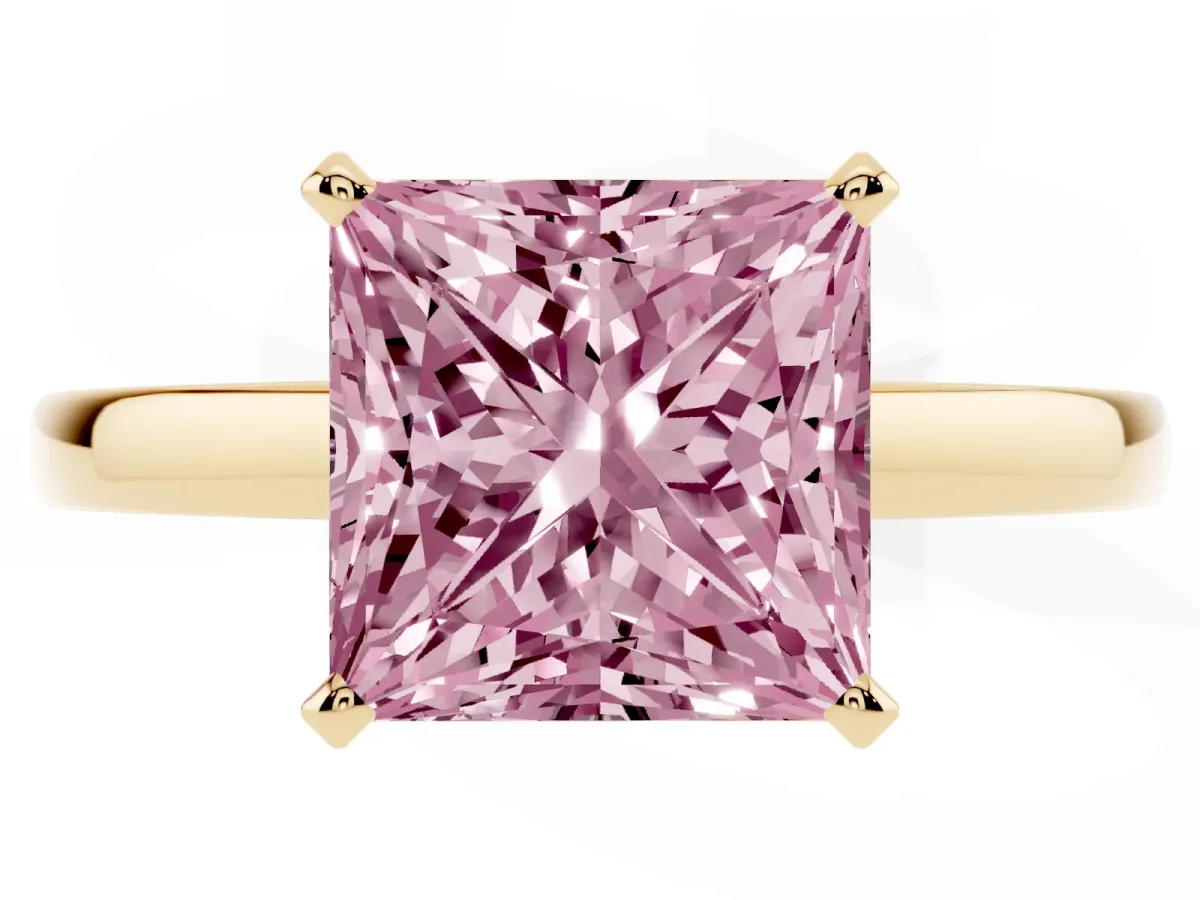 Fancy Pink Princess Cut Solitaire Diamond Engagement Ring with Four-Prong Setting on a Classic Band Yellow gold