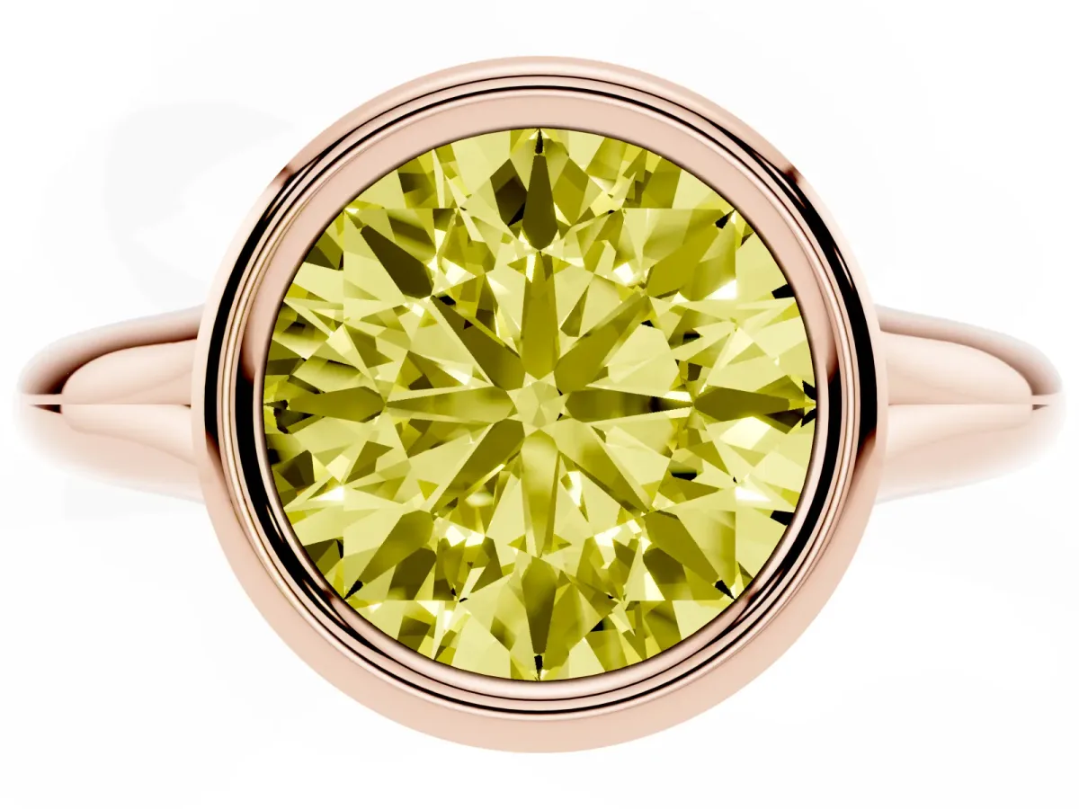 Fancy Yellow Bezel Set Round Cut Solitaire Diamond Ring with Smooth Band Rose gold