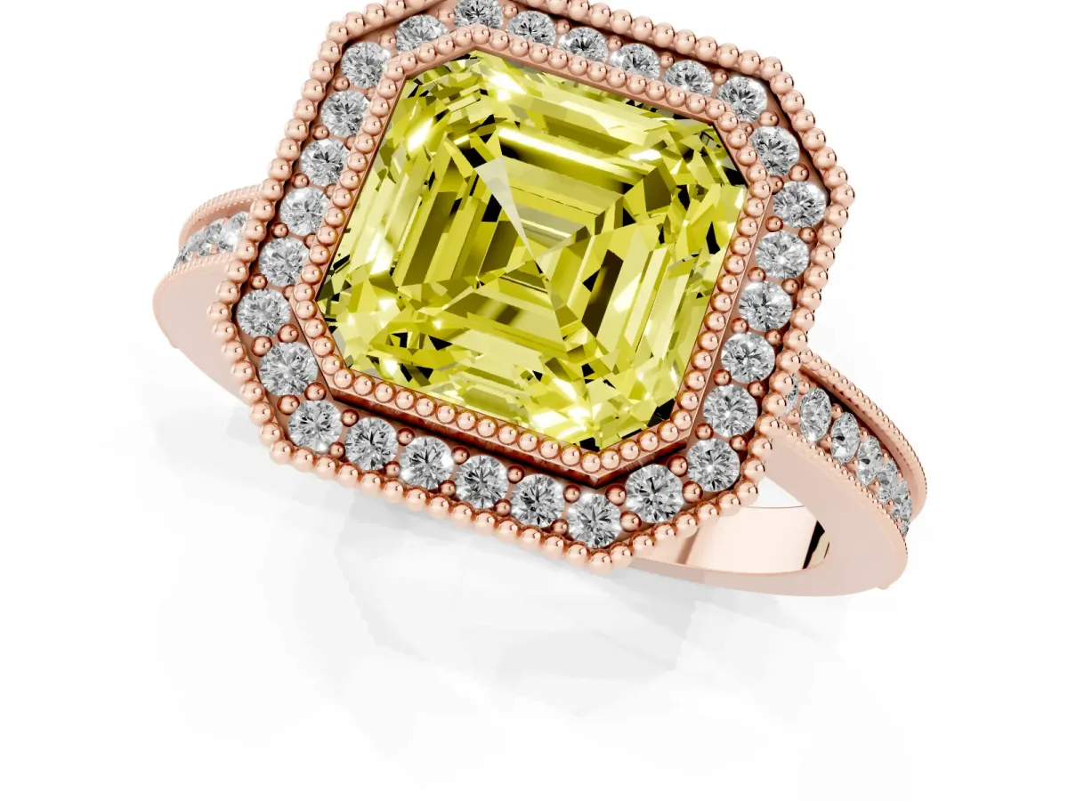 Fancy Yellow Asscher Cut Cut Halo Diamond Ring with Pavé Band and Milgrain Prong Setting Rose gold