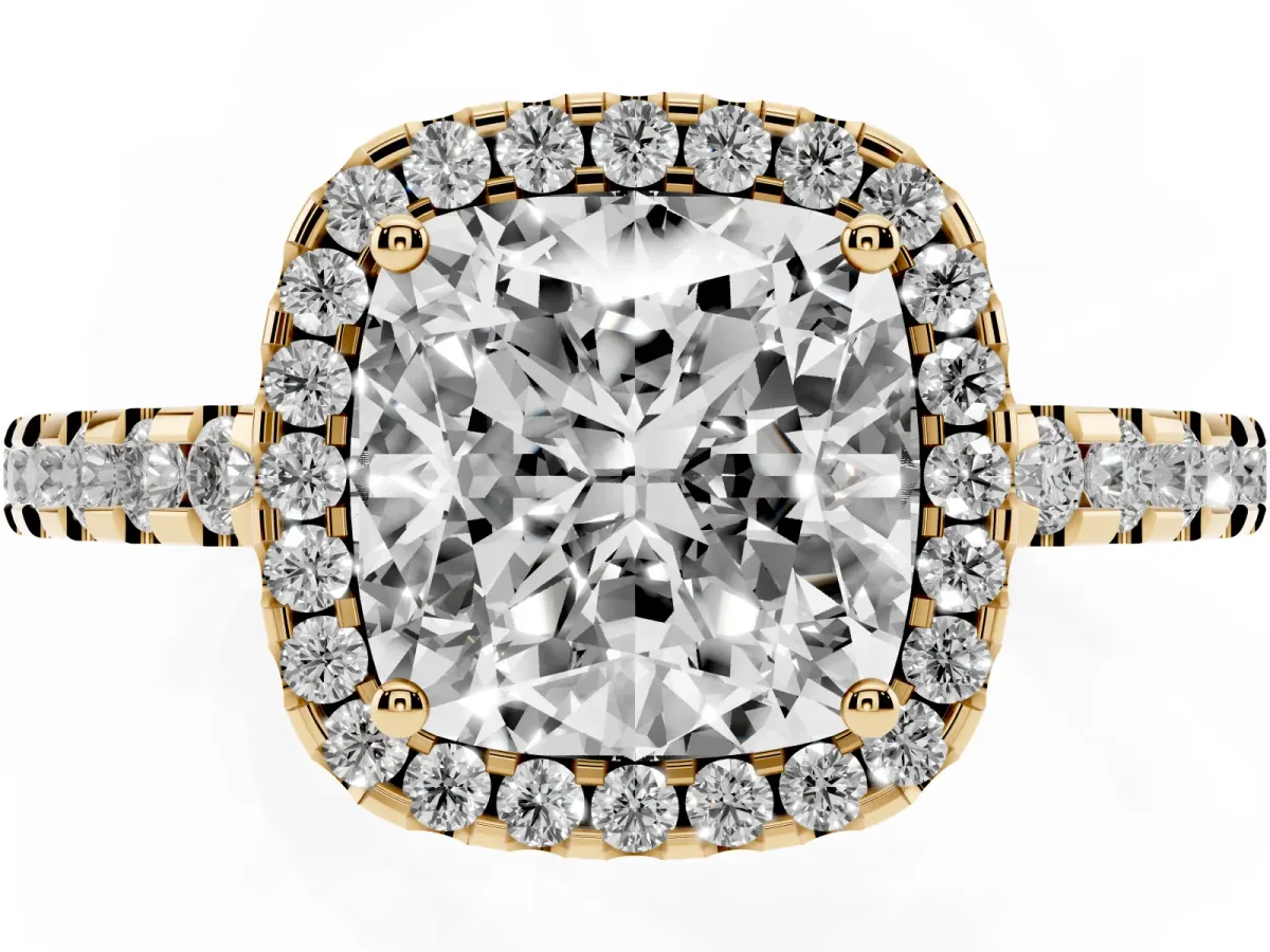 Cushion Cut Diamond Halo Engagement Ring with Pavé Band and Prong Setting Yellow gold