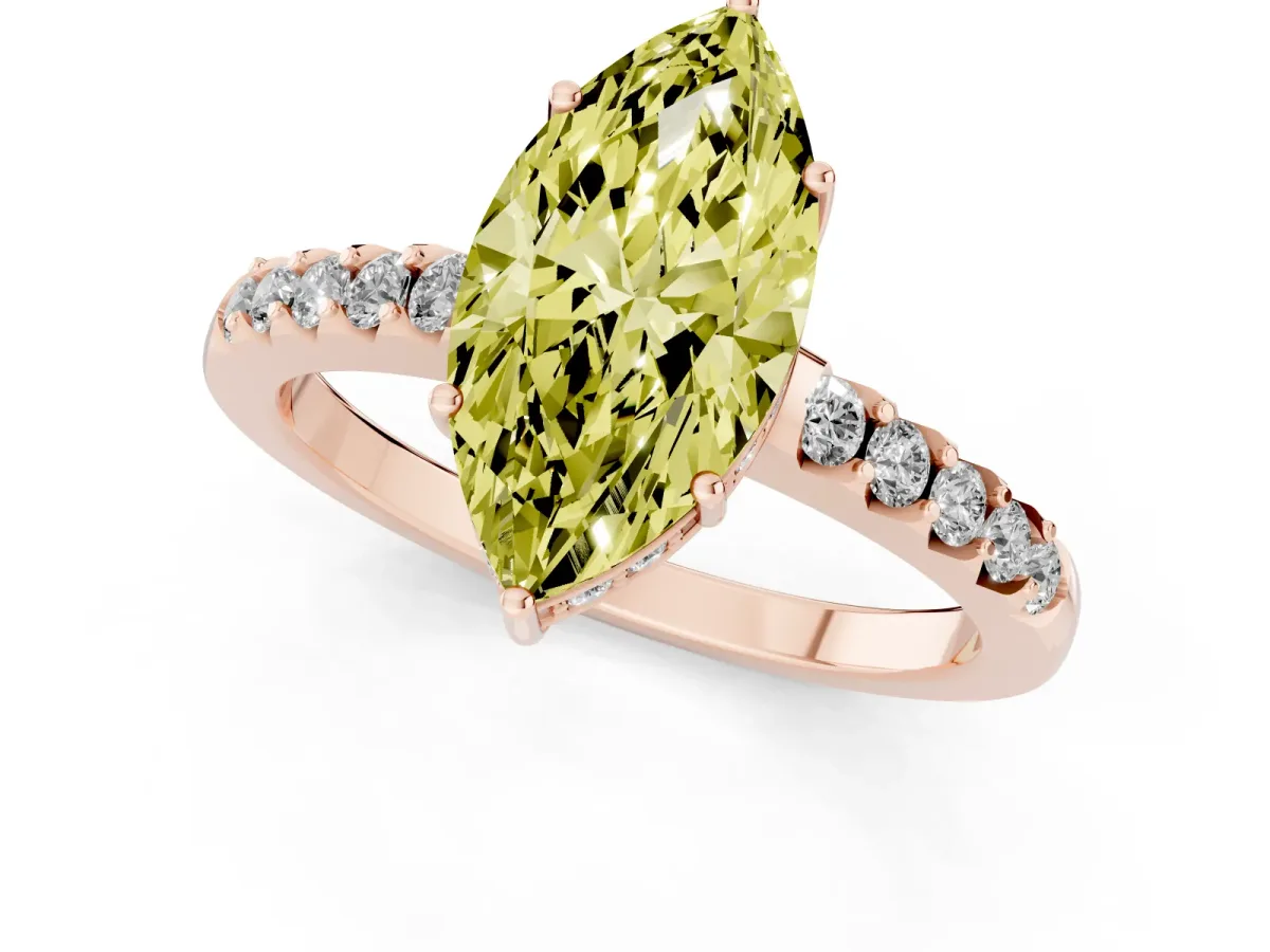 Fancy Yellow Marquise Cut Solitaire Diamond Engagement Ring with Pavé Band and Six-Prong Setting Rose gold