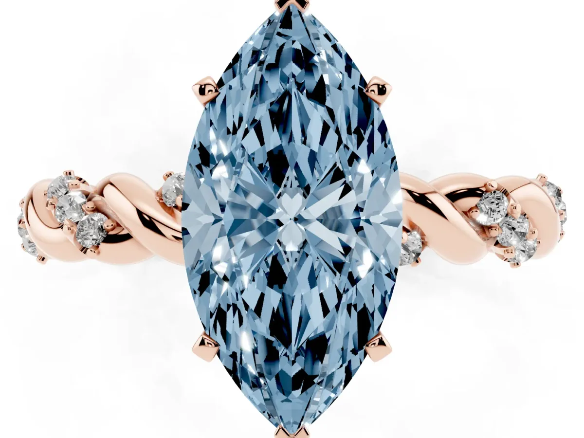 Fancy Blue Marquise Cut Diamond Solitaire Ring with Twisted Band and Pavé Accents Rose gold