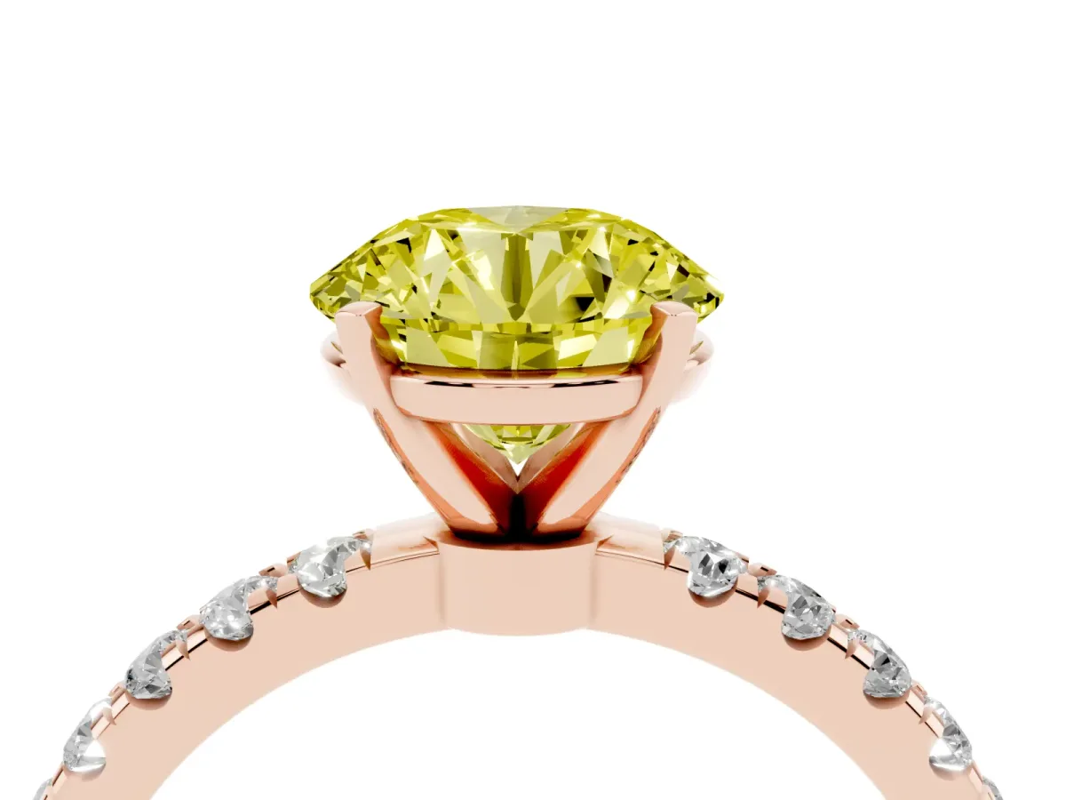 Fancy Yellow Round Cut Diamond Solitaire Ring with Pavé Accents and Four-Prong Setting Rose gold